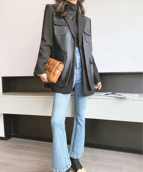 Faux Leather Panel Tailored Jacket